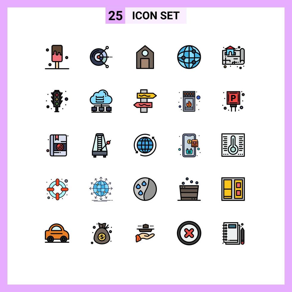 25 Universal Filled line Flat Color Signs Symbols of real location learn estate globe Editable Vector Design Elements