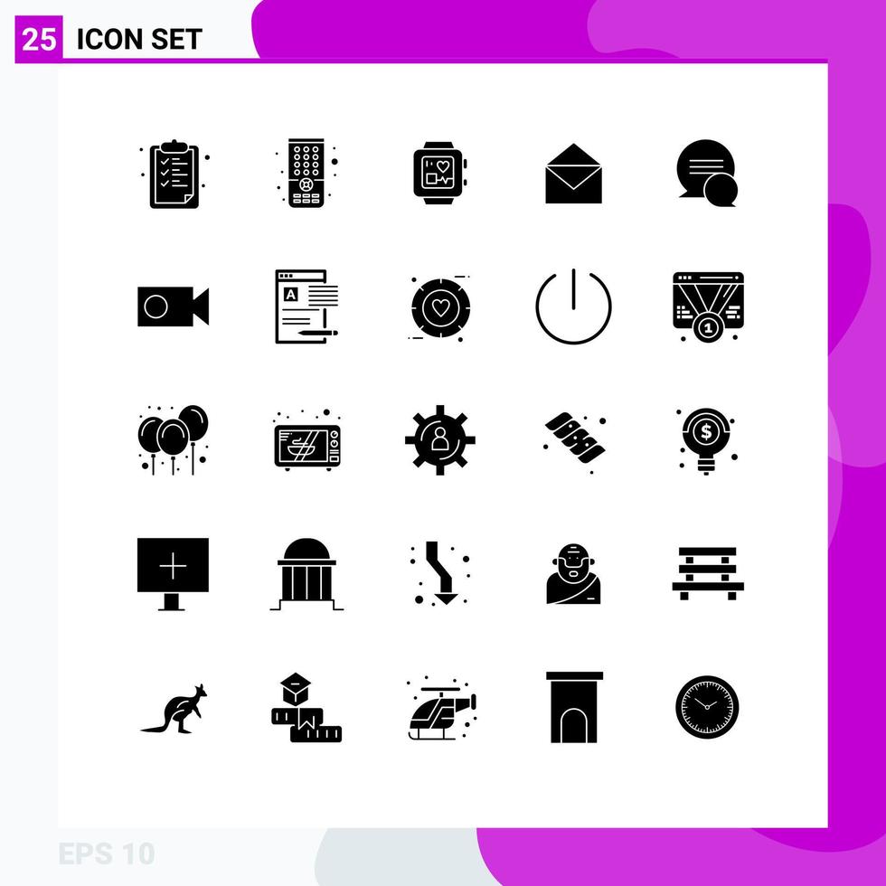 Editable Vector Line Pack of 25 Simple Solid Glyphs of cam conversation handwatch chat message Editable Vector Design Elements