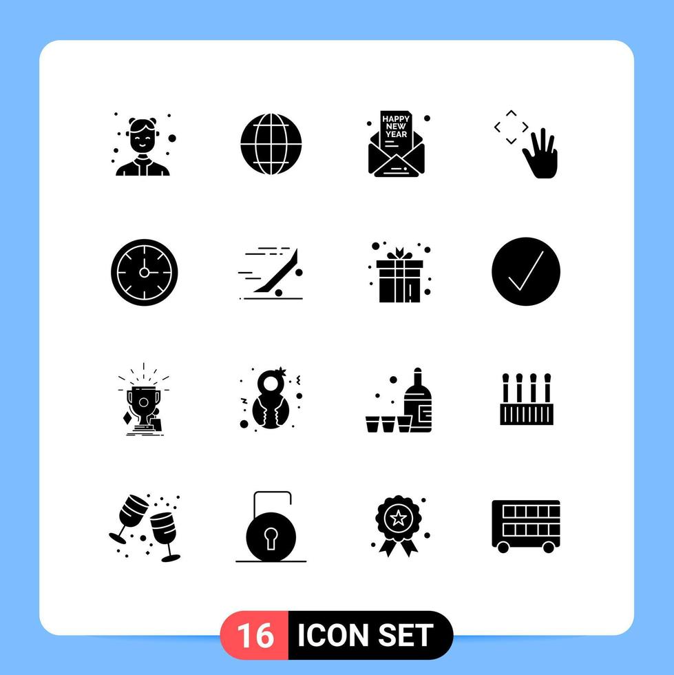 16 User Interface Solid Glyph Pack of modern Signs and Symbols of alarm up invitation hand cursor party Editable Vector Design Elements