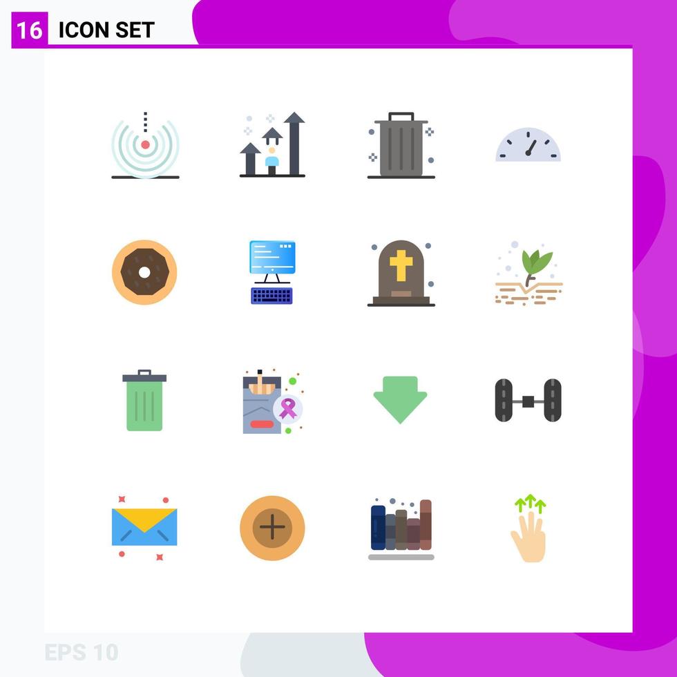 Pack of 16 Modern Flat Colors Signs and Symbols for Web Print Media such as donut performance progress gauge office Editable Pack of Creative Vector Design Elements