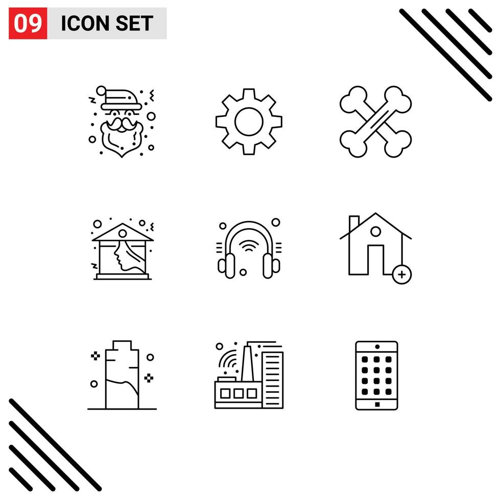 Set of 9 Commercial Outlines pack for internet headphone bones roof house Editable Vector Design Elements