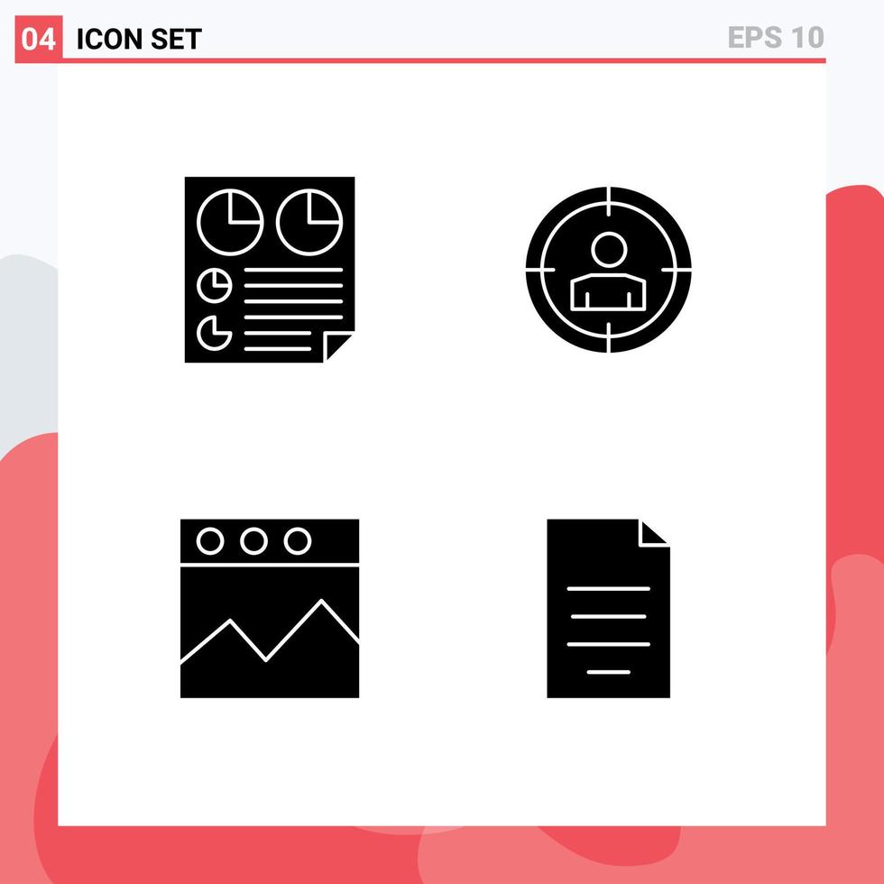 Universal Icon Symbols Group of 4 Modern Solid Glyphs of data graph report target document Editable Vector Design Elements
