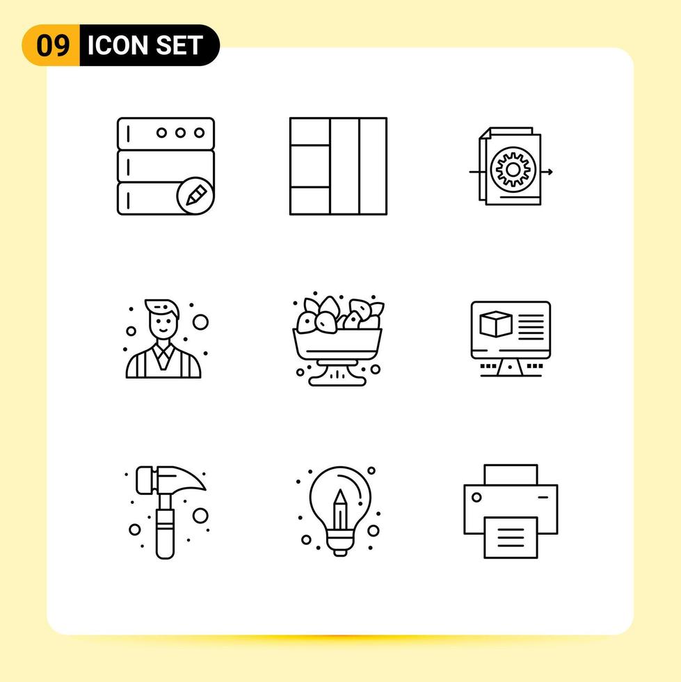 Pack of 9 Modern Outlines Signs and Symbols for Web Print Media such as computer fruit settings food people Editable Vector Design Elements