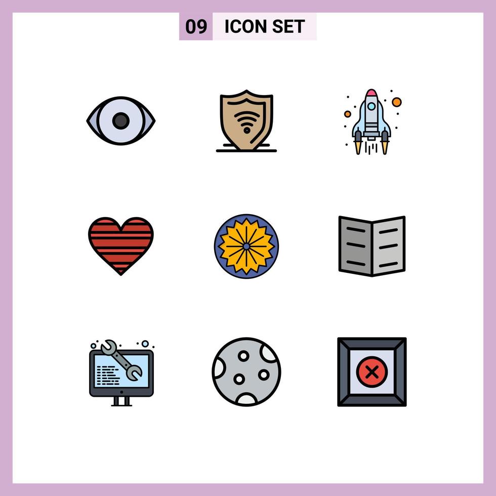 9 Universal Filledline Flat Color Signs Symbols of indian favorite rocket like heart Editable Vector Design Elements