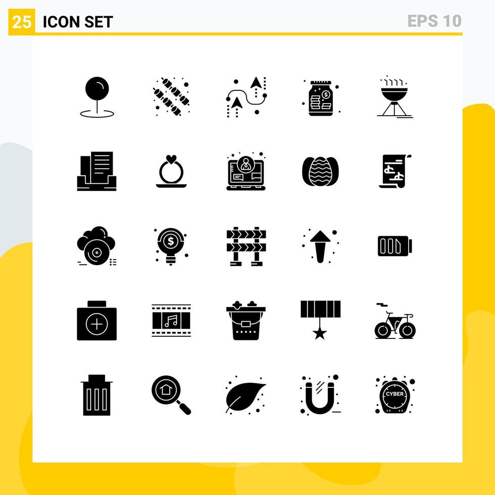 Pack of 25 Modern Solid Glyphs Signs and Symbols for Web Print Media such as food cooking bbq design money money Editable Vector Design Elements