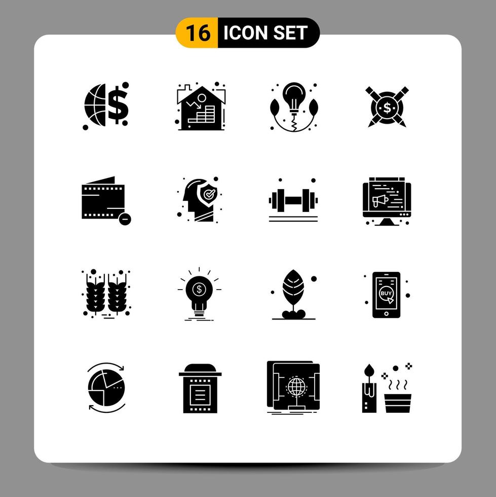 Set of 16 Vector Solid Glyphs on Grid for wallet e bulb commerce paid articales Editable Vector Design Elements