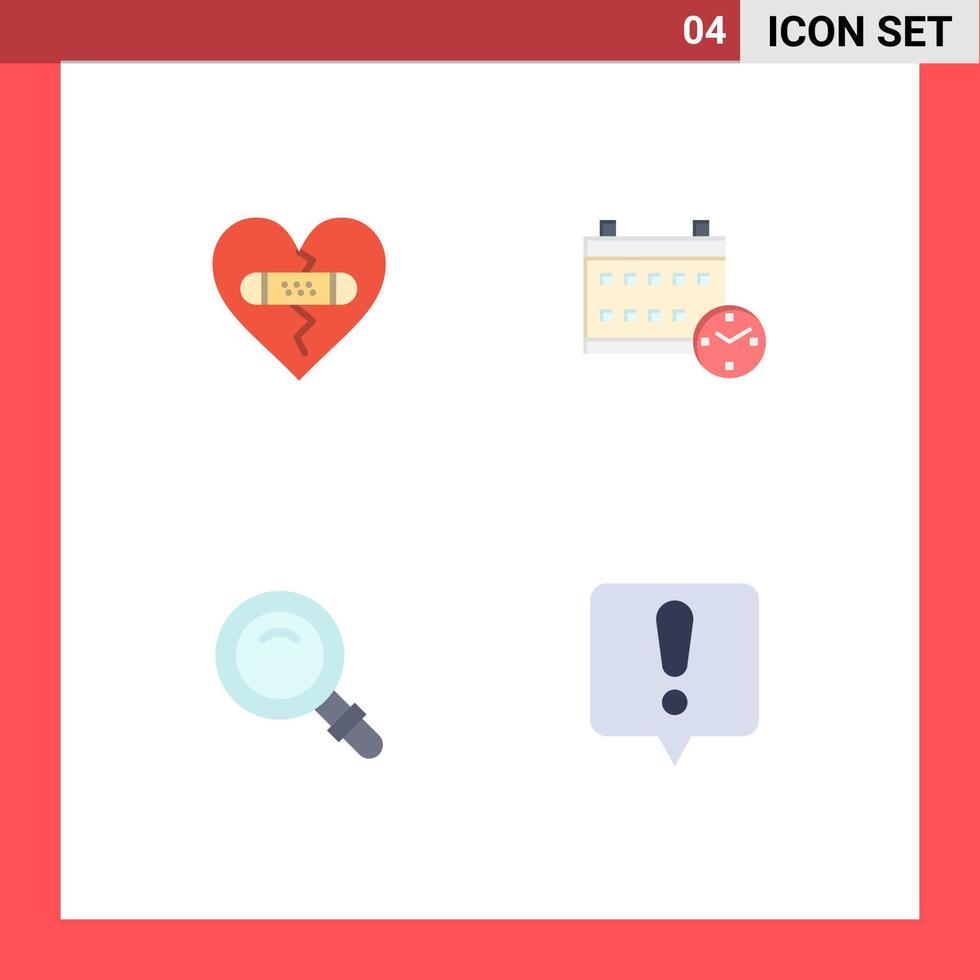 paquete de 4 signos y símbolos de iconos planos modernos para medios de impresión web, como elementos de diseño de vectores editables de vista de corazón de búsqueda rota