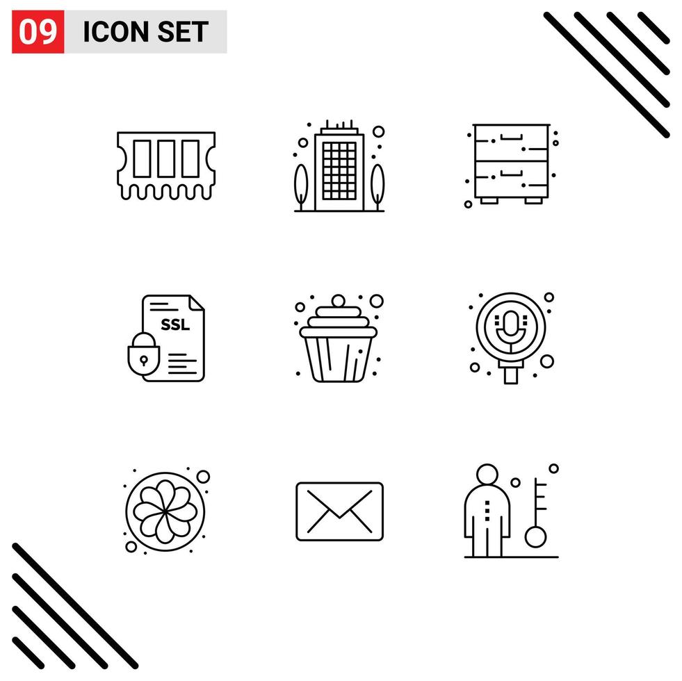 User Interface Pack of 9 Basic Outlines of cake ssl cupboard security certificate Editable Vector Design Elements