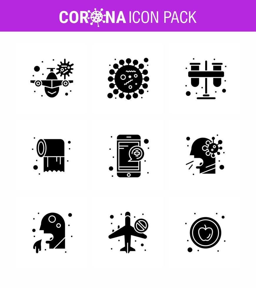 9 Solid Glyph Black coronavirus epidemic icon pack suck as tissue paper virus tubes lab viral coronavirus 2019nov disease Vector Design Elements