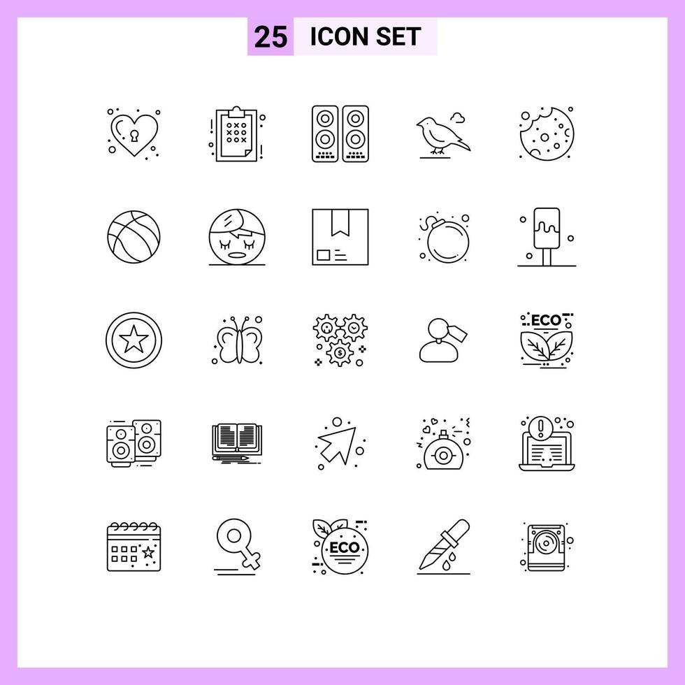 Mobile Interface Line Set of 25 Pictograms of cookie sparrow cinema small bird Editable Vector Design Elements