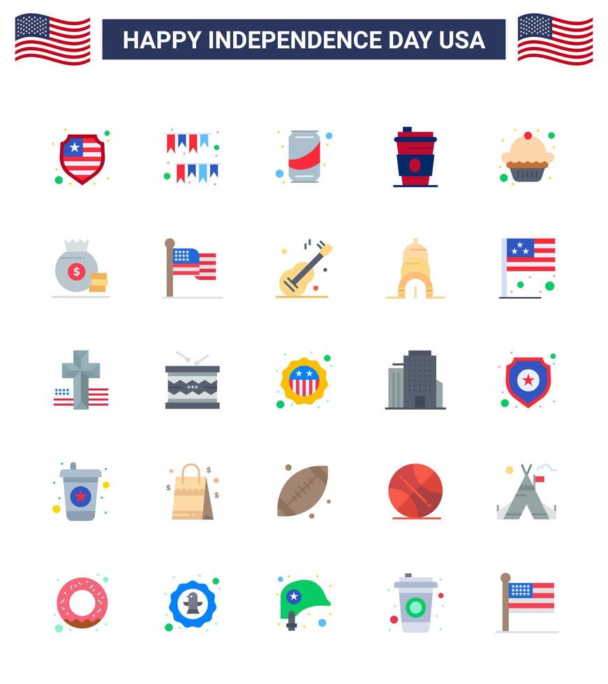 Set of 25 Modern Flats pack on USA Independence Day dessert usa beer juice alcohol Editable USA Day Vector Design Elements