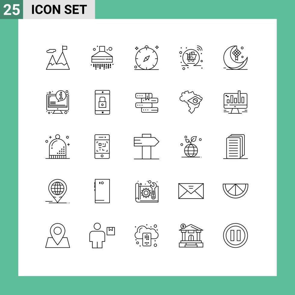 Pictogram Set of 25 Simple Lines of cresent shopping direction online basket Editable Vector Design Elements