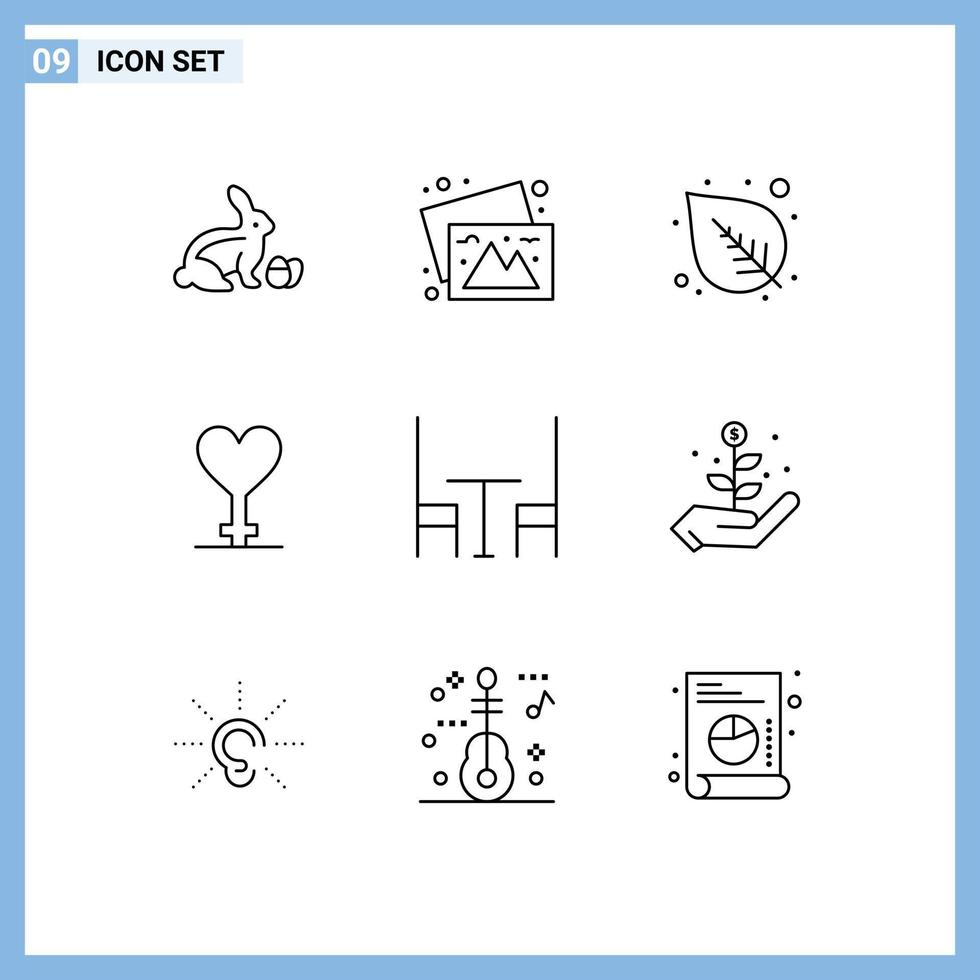 Group of 9 Outlines Signs and Symbols for growth interior leaf dining gender Editable Vector Design Elements