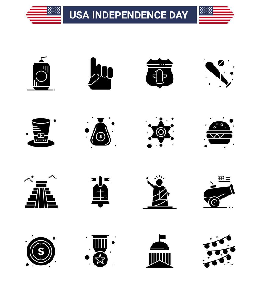 USA Happy Independence DayPictogram Set of 16 Simple Solid Glyphs of day sports sheild bat ball Editable USA Day Vector Design Elements