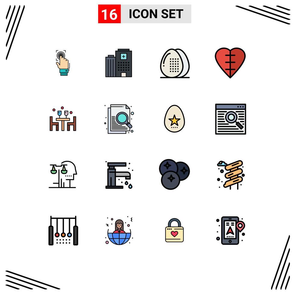 Modern Set of 16 Flat Color Filled Lines and symbols such as human heart heart building meal egg Editable Creative Vector Design Elements