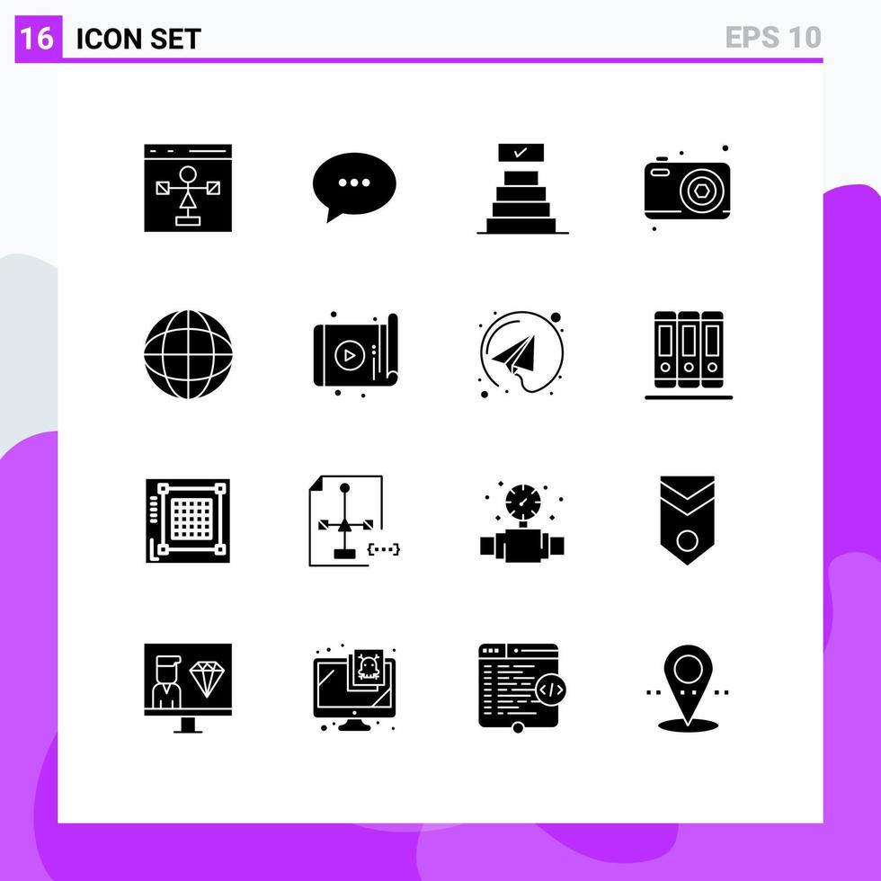 Set of 16 Commercial Solid Glyphs pack for badge camera bubble fathers day dad Editable Vector Design Elements