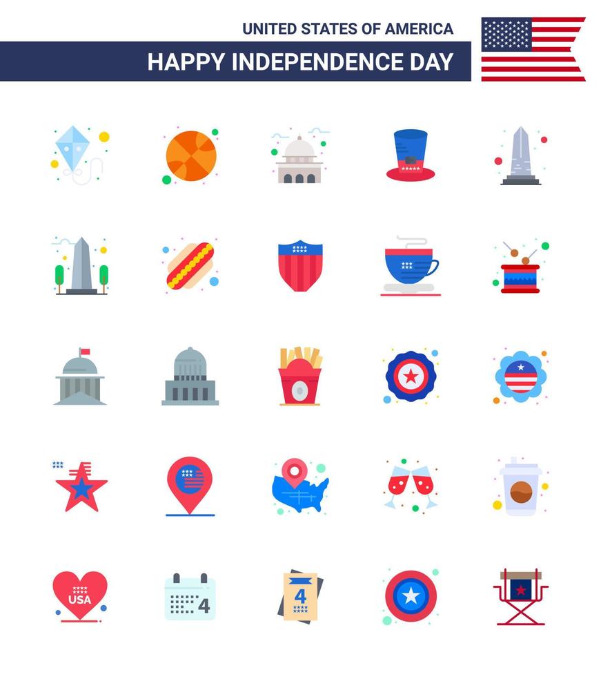 Modern Set of 25 Flats and symbols on USA Independence Day such as monument usa house presidents day Editable USA Day Vector Design Elements