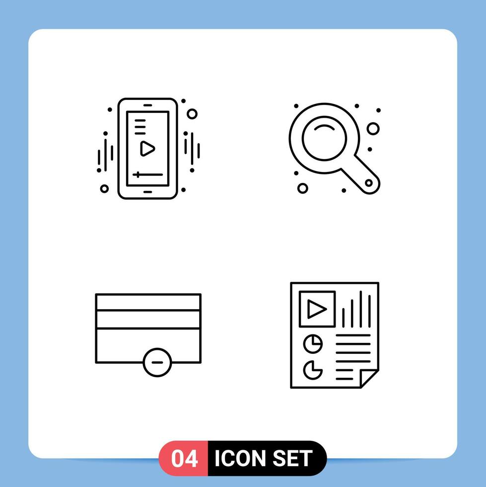 Pack of 4 creative Filledline Flat Colors of media money video zoom interface minus Editable Vector Design Elements