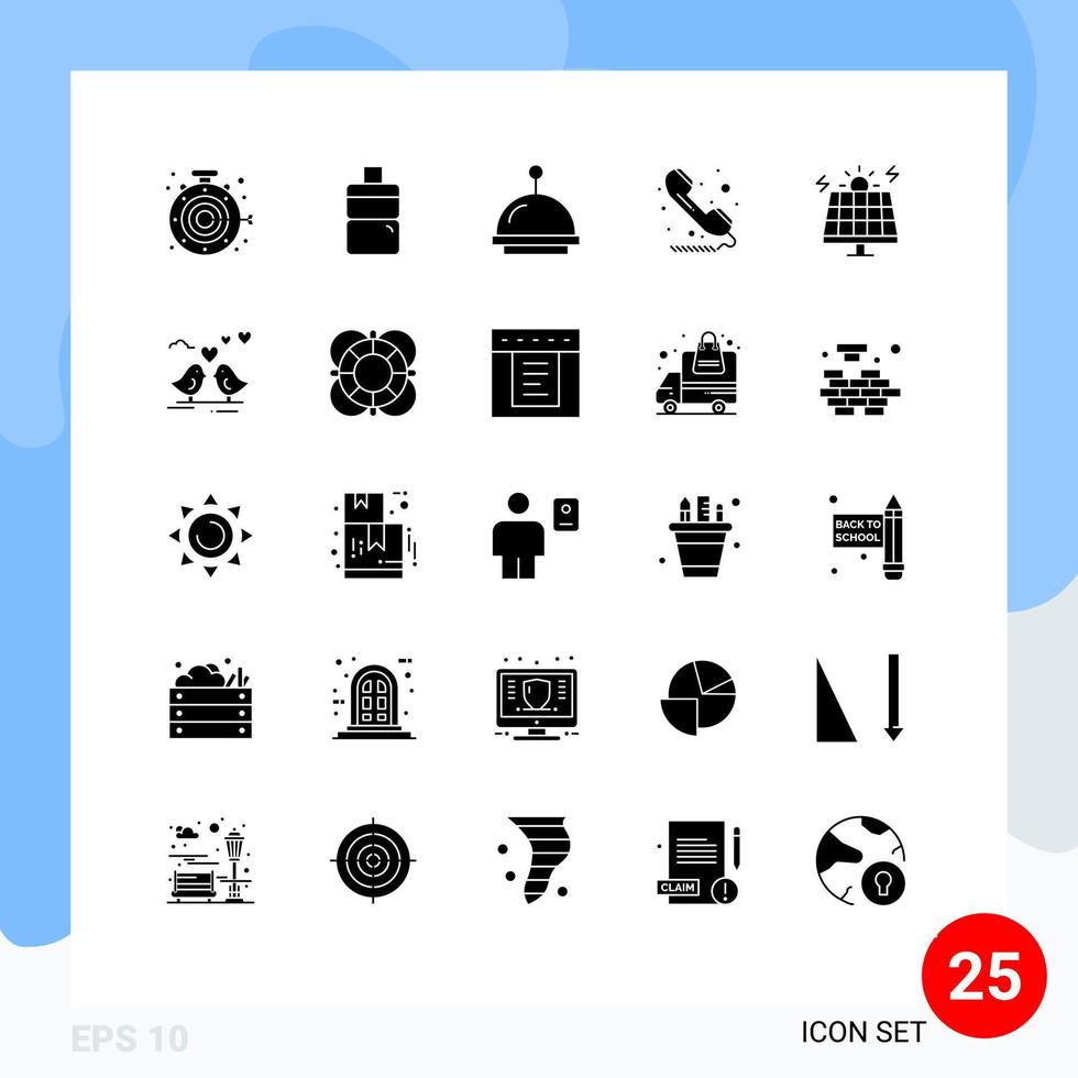 Mobile Interface Solid Glyph Set of 25 Pictograms of solar environment hotel energy sign Editable Vector Design Elements