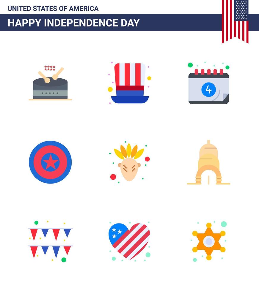 usa feliz día de la independencia pictograma conjunto de 9 pisos simples de medalla de nativo americano día de la independencia americana vacaciones elementos de diseño de vector de día de estados unidos editables