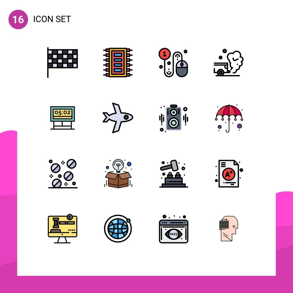 Mobile Interface Flat Color Filled Line Set of 16 Pictograms of smoke gas business car pay per click Editable Creative Vector Design Elements