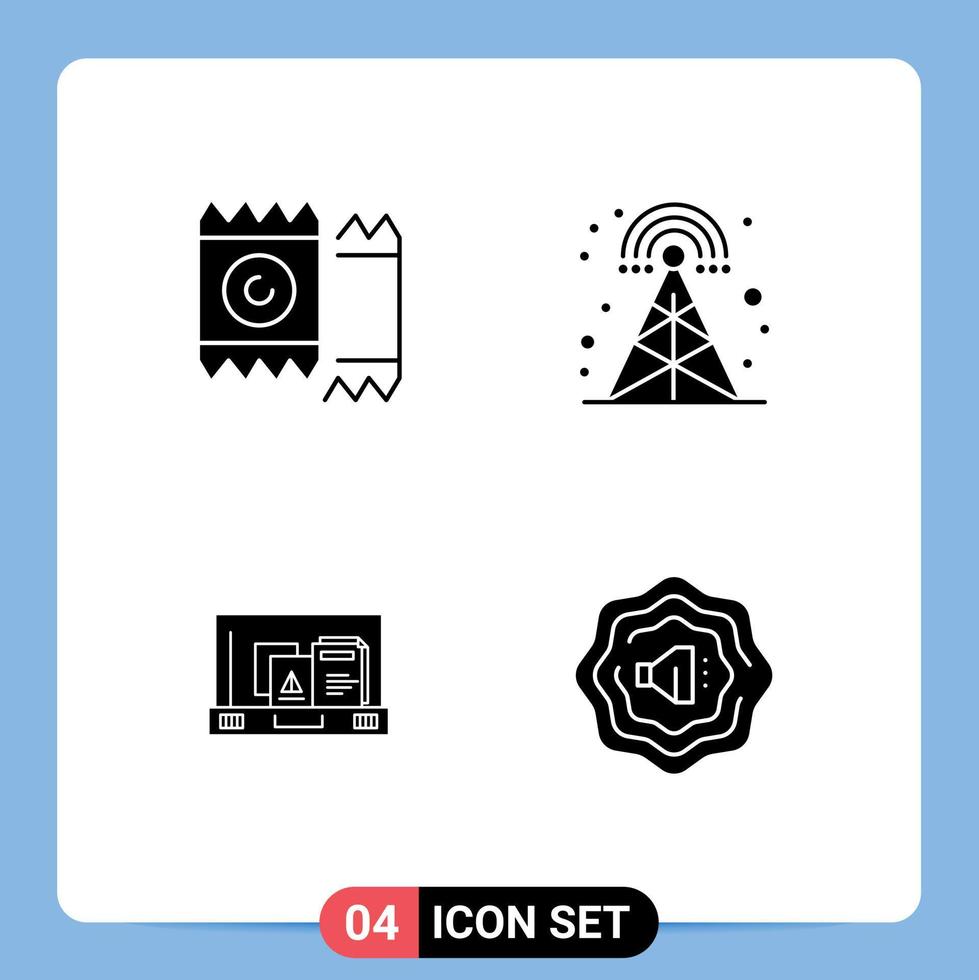 Pack of 4 creative Solid Glyphs of condom paper valentine radio briefcase Editable Vector Design Elements