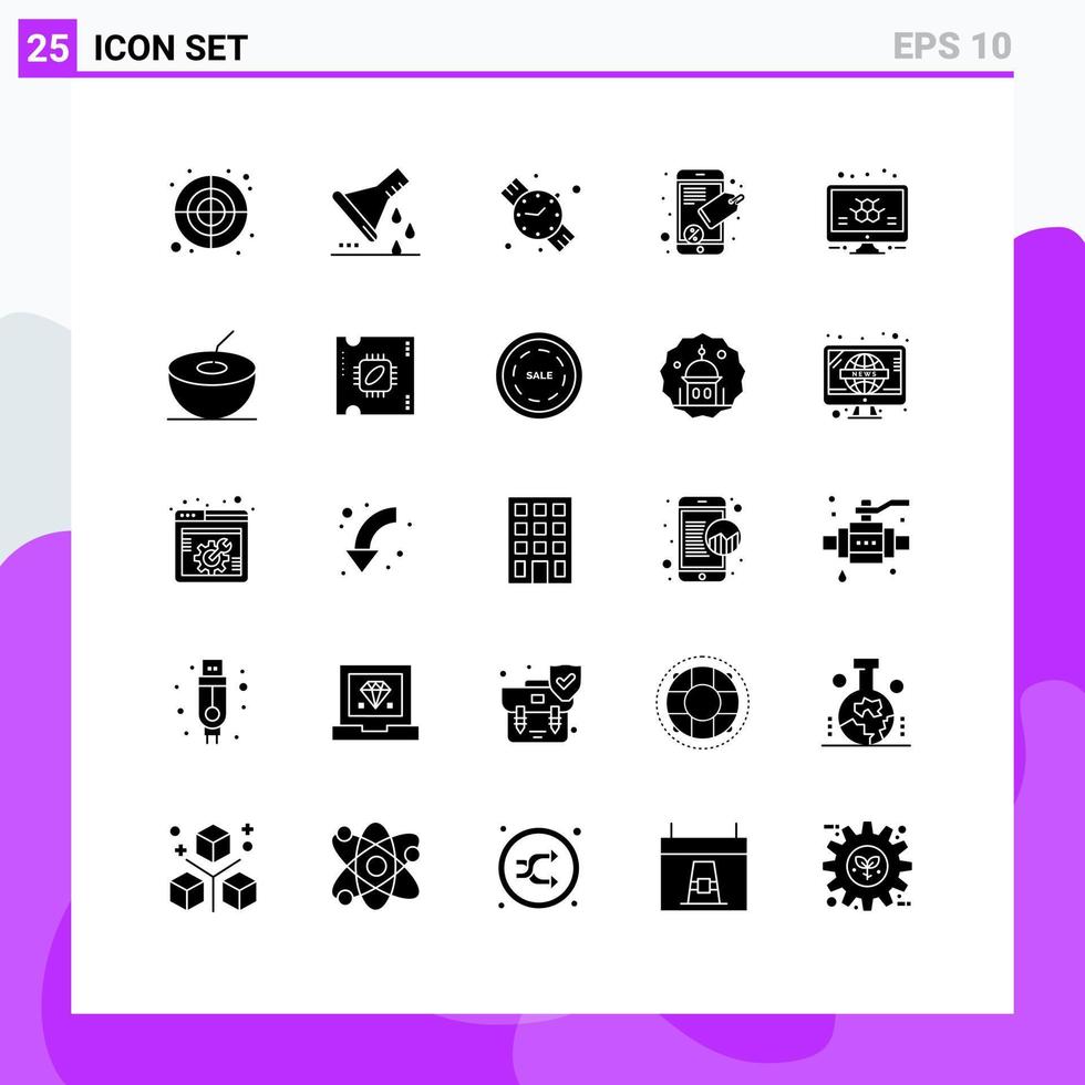 25 Universal Solid Glyphs Set for Web and Mobile Applications monitor atom test tube seo tag connect Editable Vector Design Elements