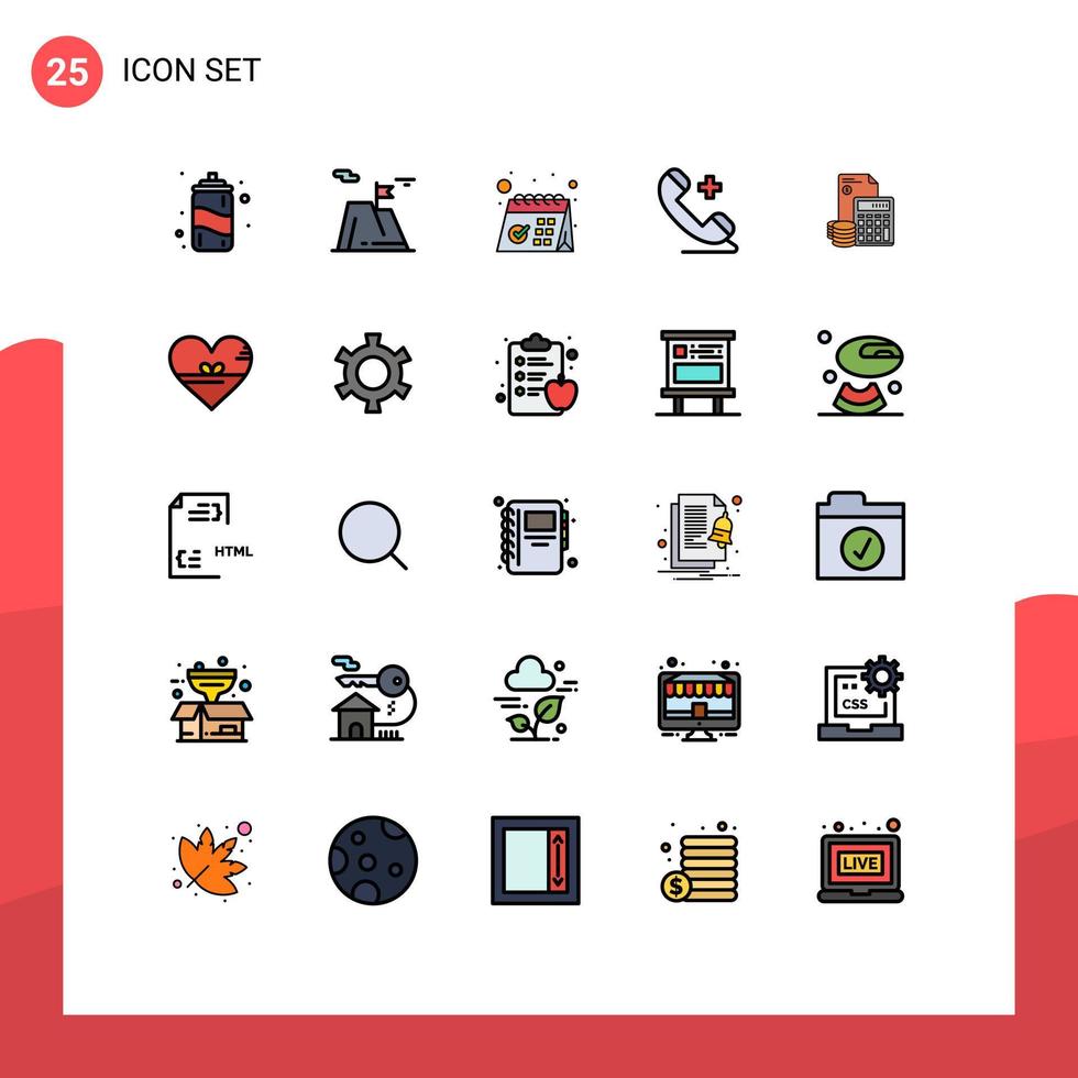 Universal Icon Symbols Group of 25 Modern Filled line Flat Colors of investment plus calendar phone schedule Editable Vector Design Elements