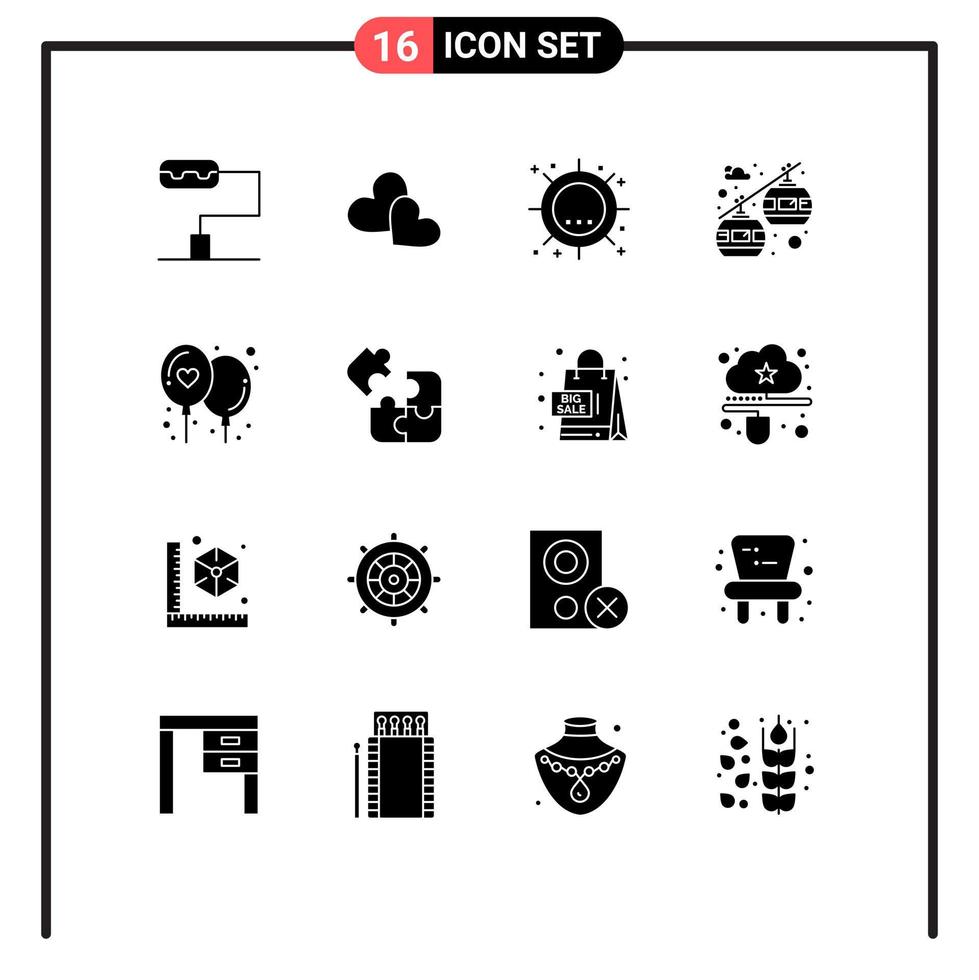 Solid Glyph Pack of 16 Universal Symbols of game love celebrate sunlight balloon chair lift Editable Vector Design Elements