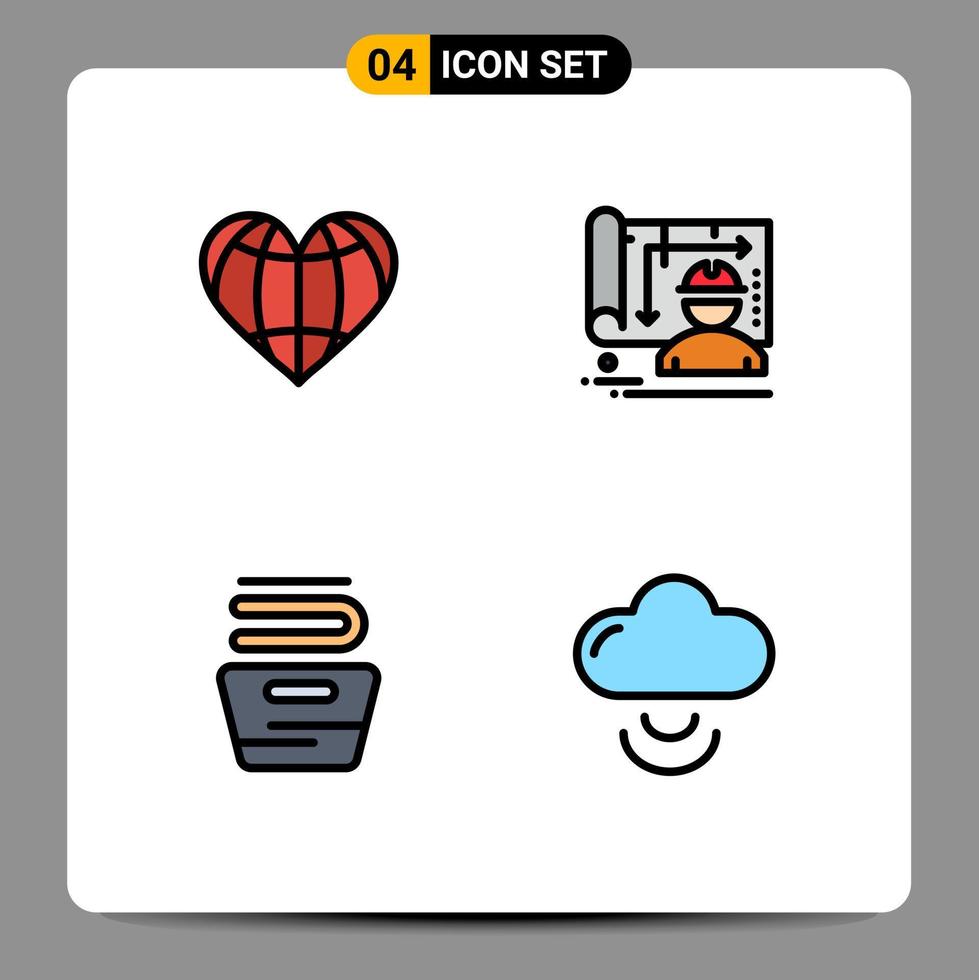 Universal Icon Symbols Group of 4 Modern Filledline Flat Colors of heart cleaning favorite blueprint housekeeping Editable Vector Design Elements