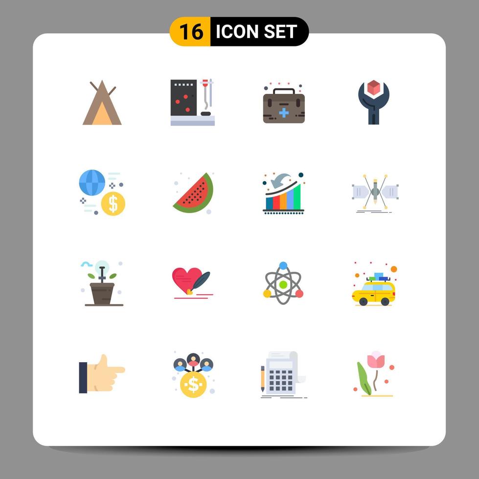 conjunto de color plano de interfaz móvil de 16 pictogramas de ayuda de producto de servicio para desarrollar cuidado paquete editable de elementos creativos de diseño de vectores