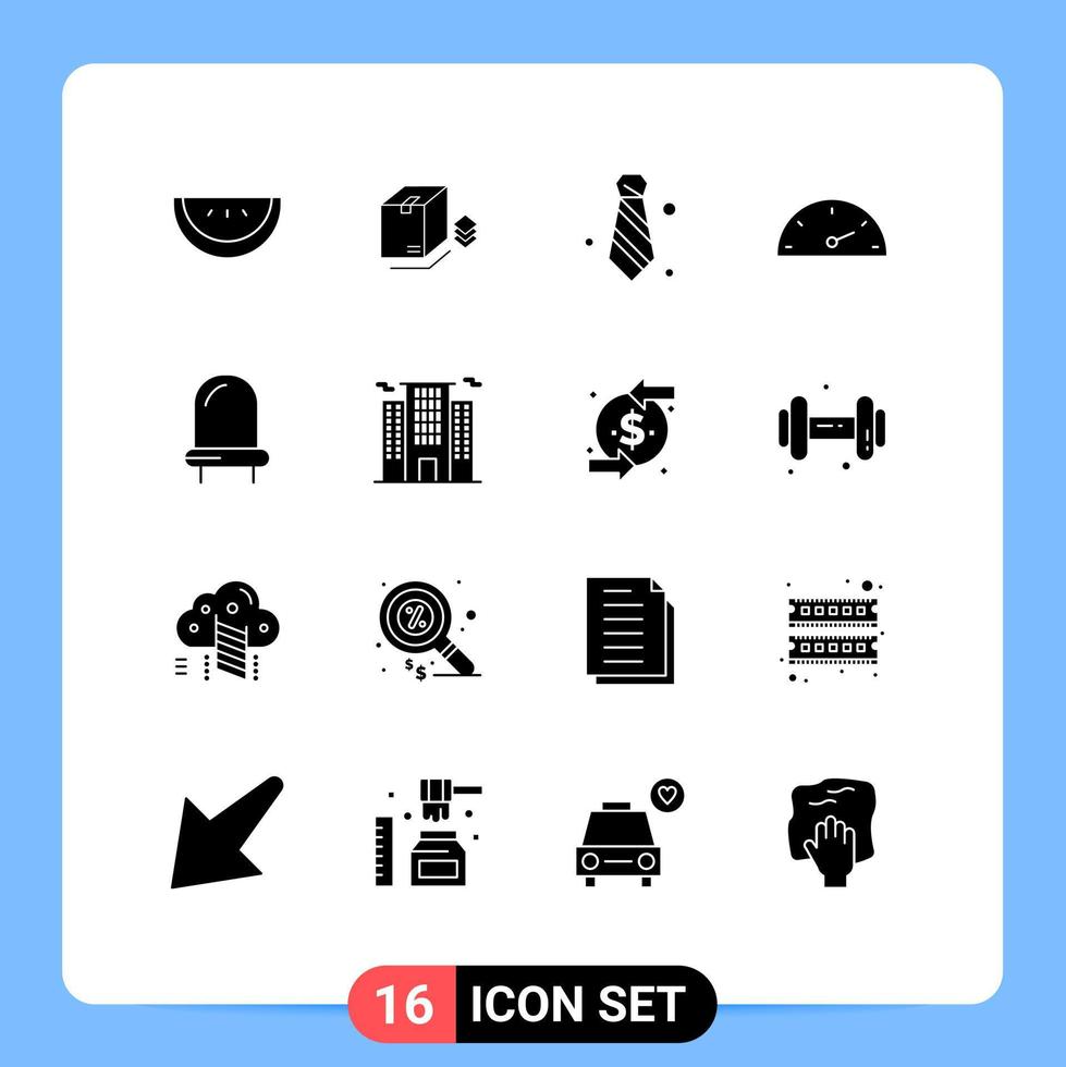 Modern Set of 16 Solid Glyphs Pictograph of office light necktie led speedometer Editable Vector Design Elements