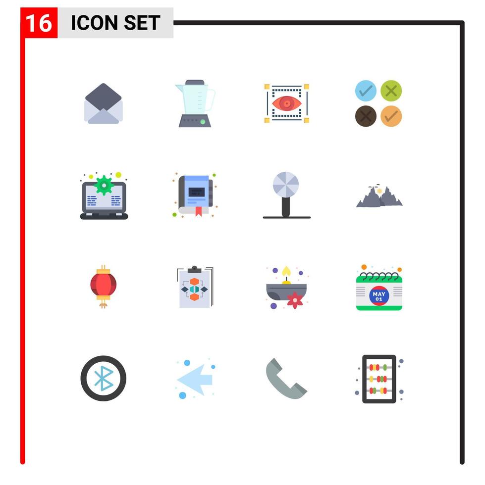 Pictogram Set of 16 Simple Flat Colors of setting gear view tick cross Editable Pack of Creative Vector Design Elements