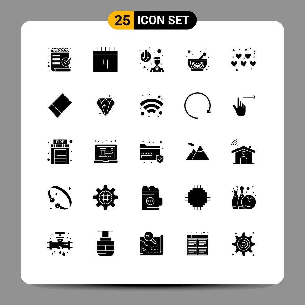 25 Universal Solid Glyphs Set for Web and Mobile Applications hearts herbal bowl school herbal downgrade Editable Vector Design Elements