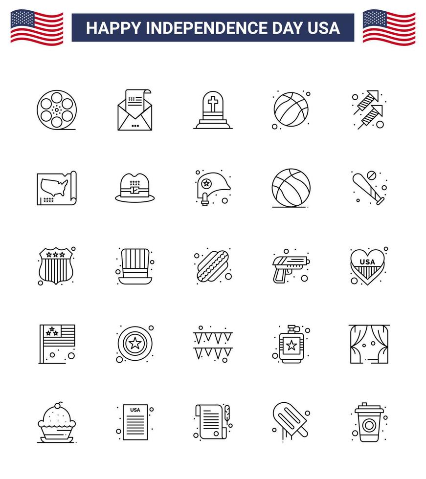 Happy Independence Day 4th July Set of 25 Lines American Pictograph of celebration football mail ball rip Editable USA Day Vector Design Elements