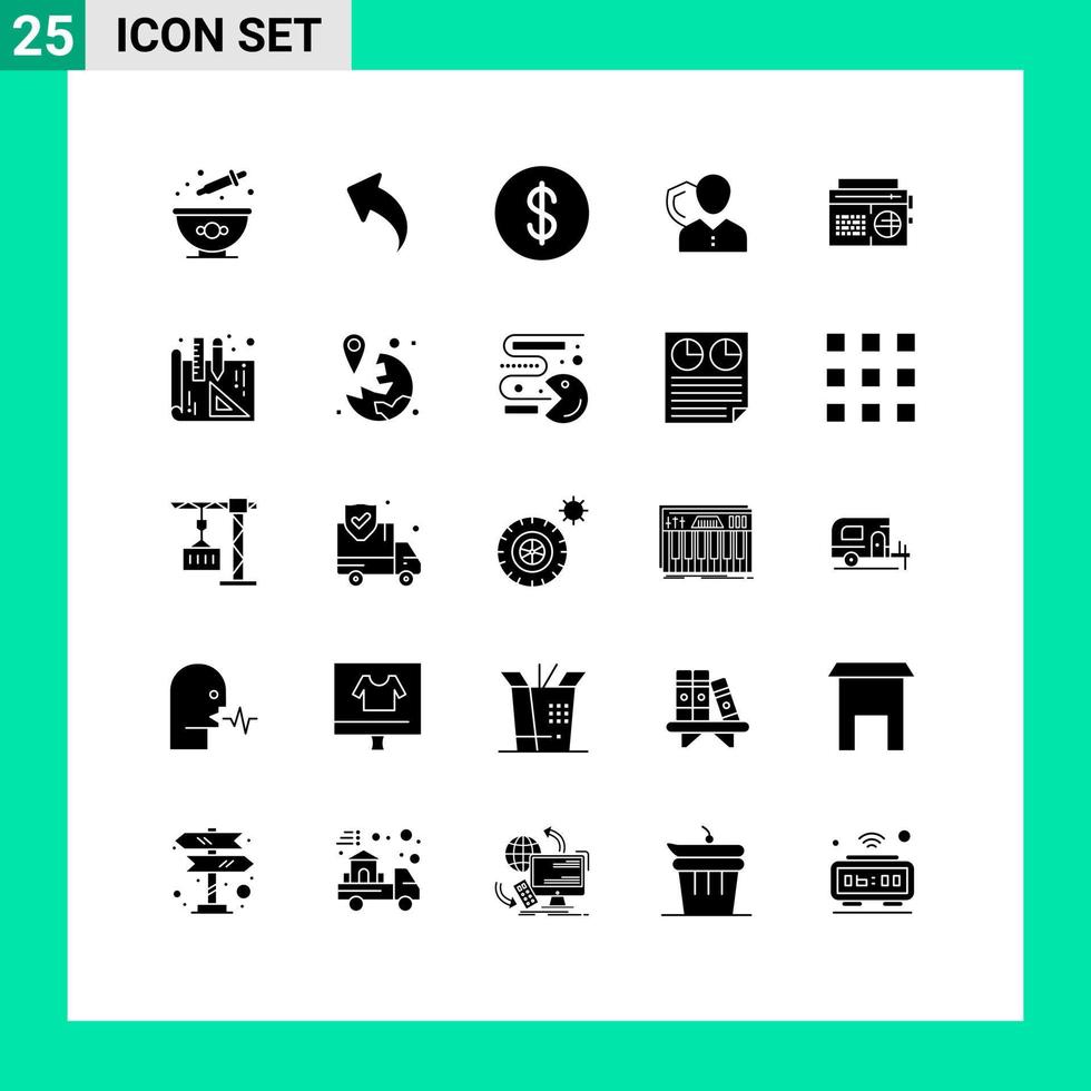 Pictogram Set of 25 Simple Solid Glyphs of radio protection currency personal insurance Editable Vector Design Elements