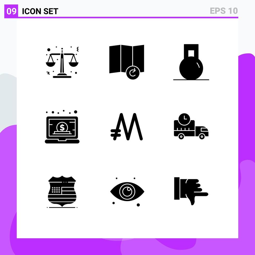 Mobile Interface Solid Glyph Set of 9 Pictograms of crypto currency coin weight mona coin management Editable Vector Design Elements