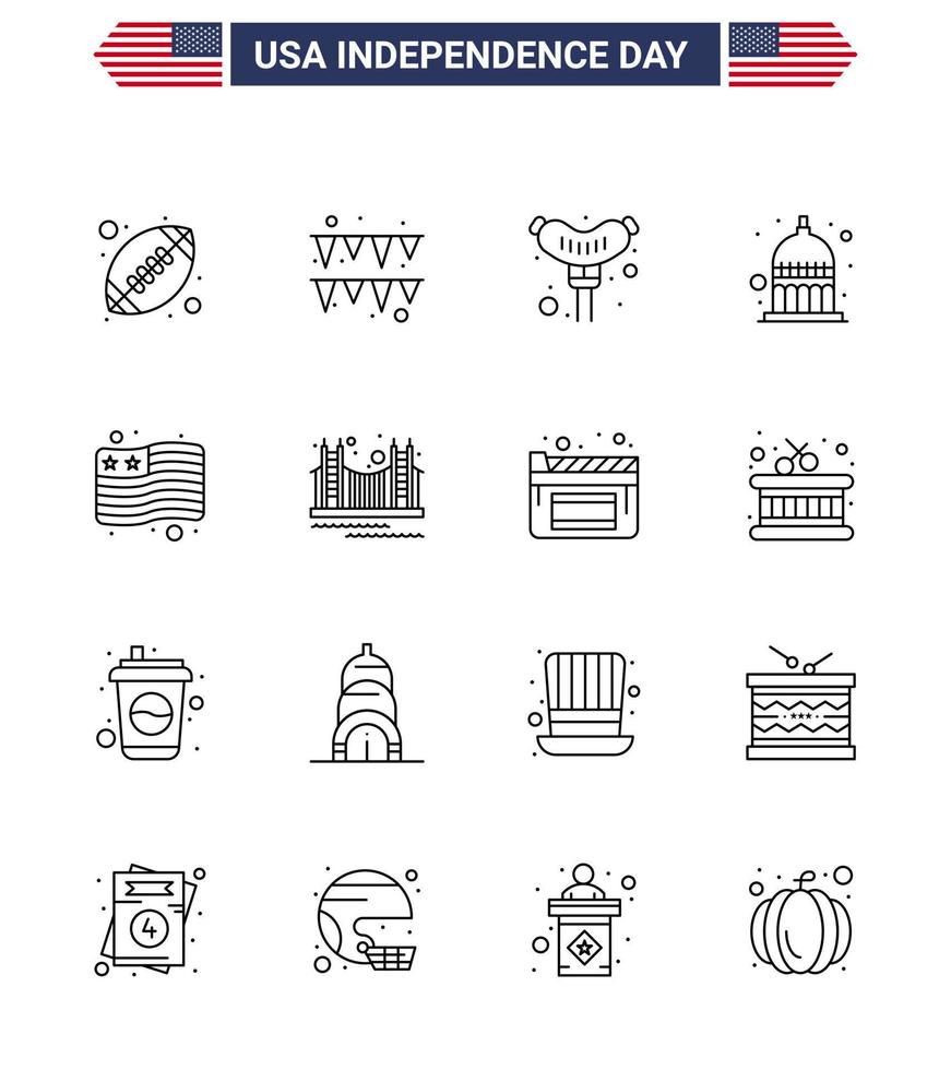 16 USA Line Signs Independence Day Celebration Symbols of bridge flag frankfurter country statehouse Editable USA Day Vector Design Elements