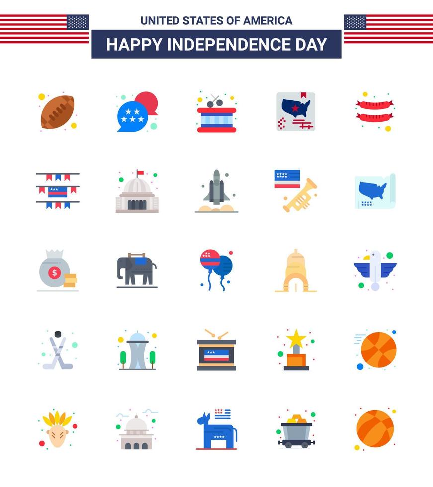 Big Pack of 25 USA Happy Independence Day USA Vector Flats and Editable Symbols of sausage food drum world flag Editable USA Day Vector Design Elements