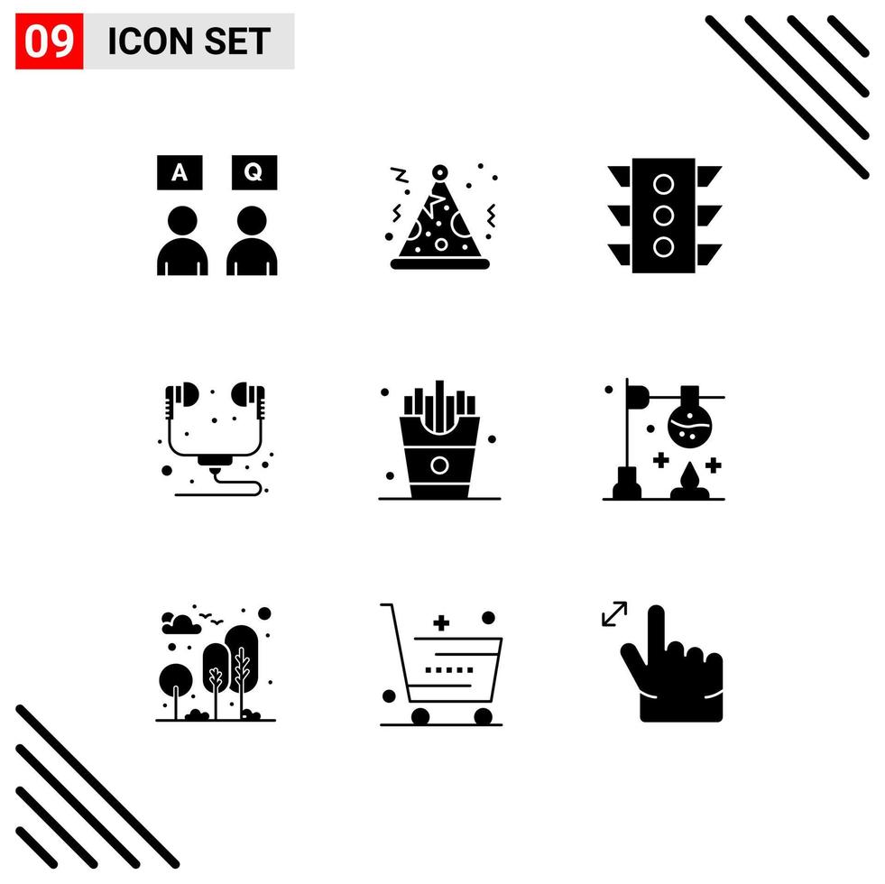 Group of 9 Solid Glyphs Signs and Symbols for eat headset traffic headphone computer Editable Vector Design Elements