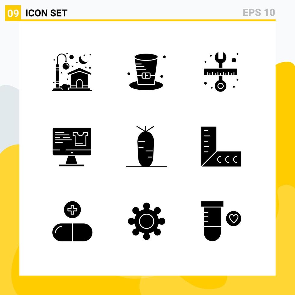 9 User Interface Solid Glyph Pack of modern Signs and Symbols of food shopping repair monitor computer Editable Vector Design Elements