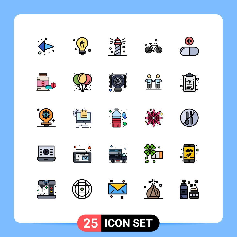 25 Universal Filled line Flat Colors Set for Web and Mobile Applications medical spring lighthouse cycle bicycle Editable Vector Design Elements