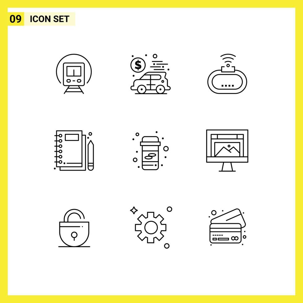 Mobile Interface Outline Set of 9 Pictograms of calcium stationery device notepad jotter Editable Vector Design Elements