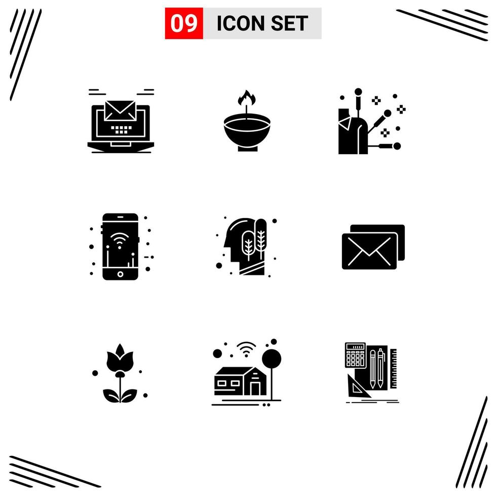 Group of 9 Modern Solid Glyphs Set for signals mobile diwali element acupuncture Editable Vector Design Elements