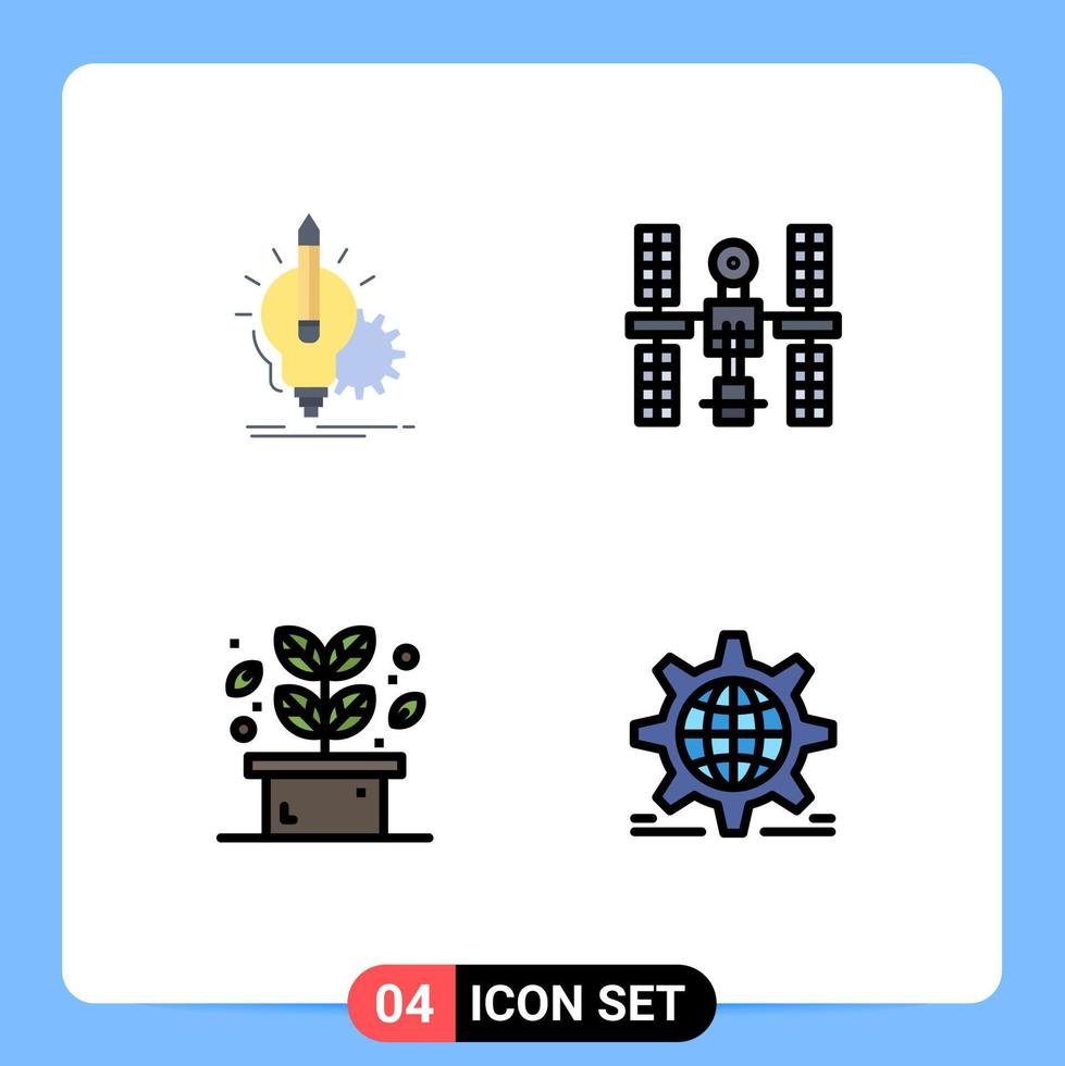 paquete de 4 signos y símbolos de colores planos de línea de relleno modernos para medios de impresión web, como elementos de diseño de vectores editables de hoja orbital de lámpara de espacio de idea