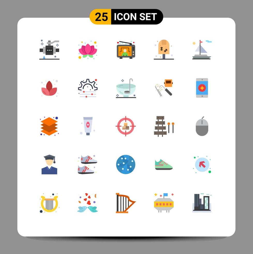 Mobile Interface Flat Color Set of 25 Pictograms of ship beach television food pop Editable Vector Design Elements