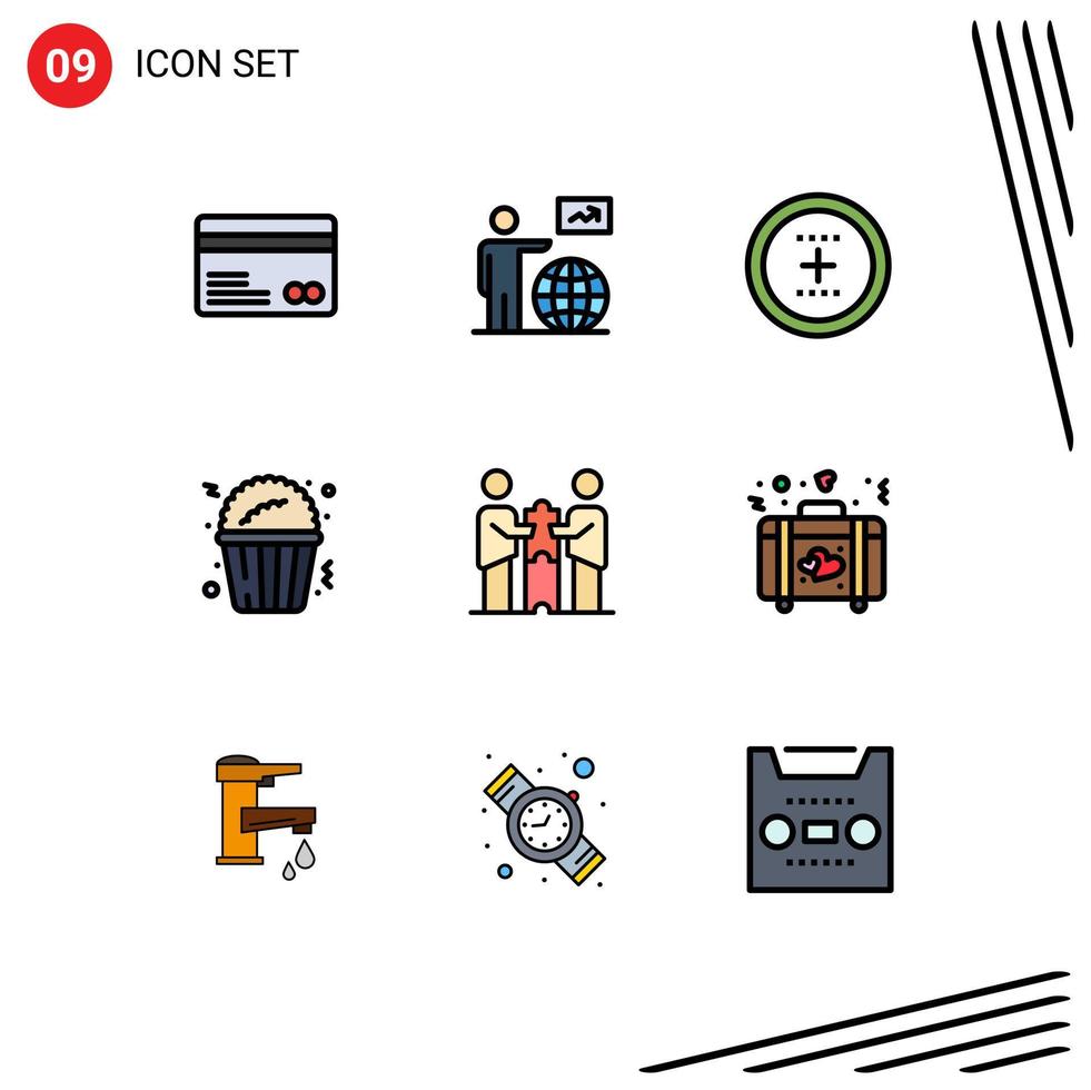 9 Filledline Flat Color concept for Websites Mobile and Apps partners collaboration fast food go popcorn plus Editable Vector Design Elements