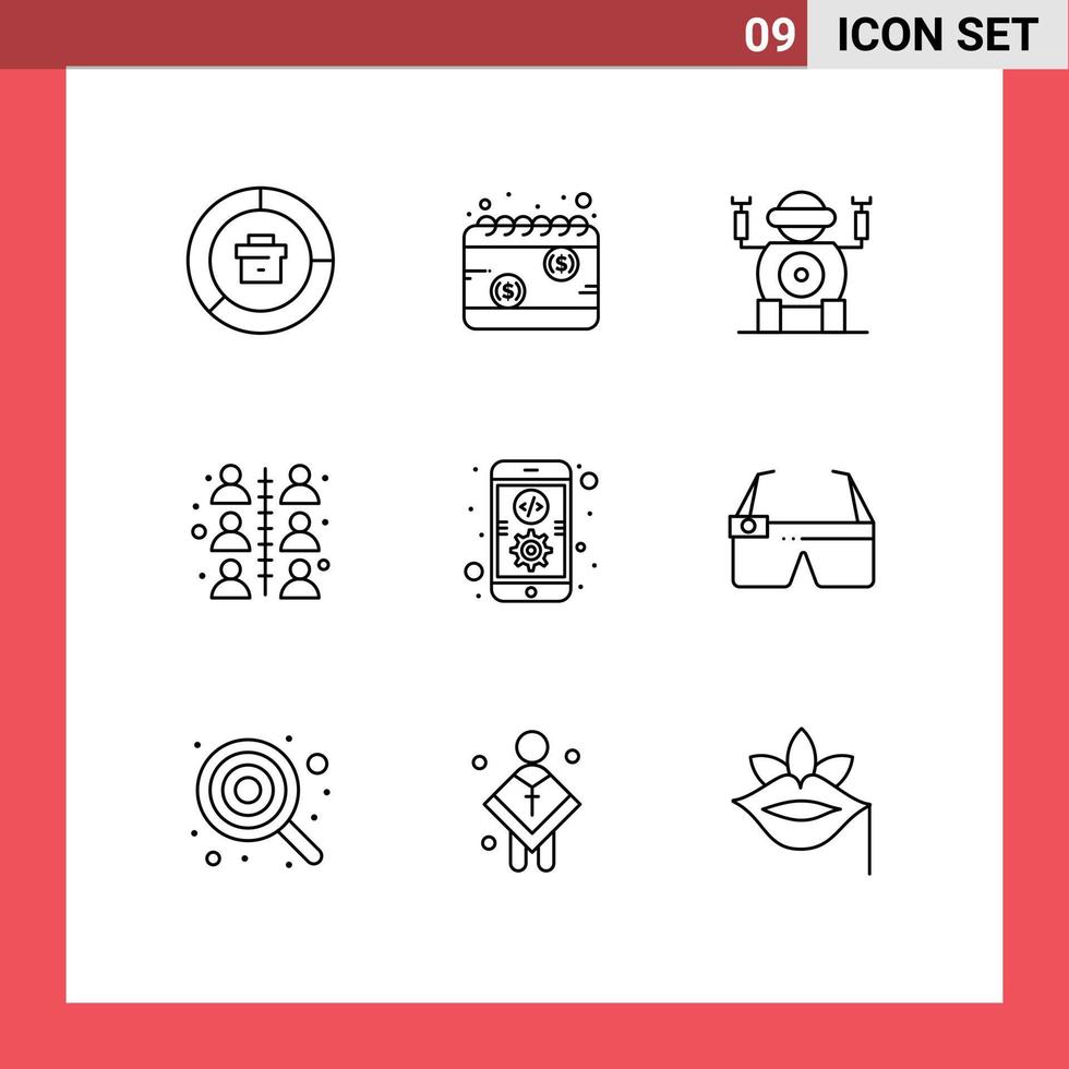 User Interface Pack of 9 Basic Outlines of app team schedule relationship toy Editable Vector Design Elements