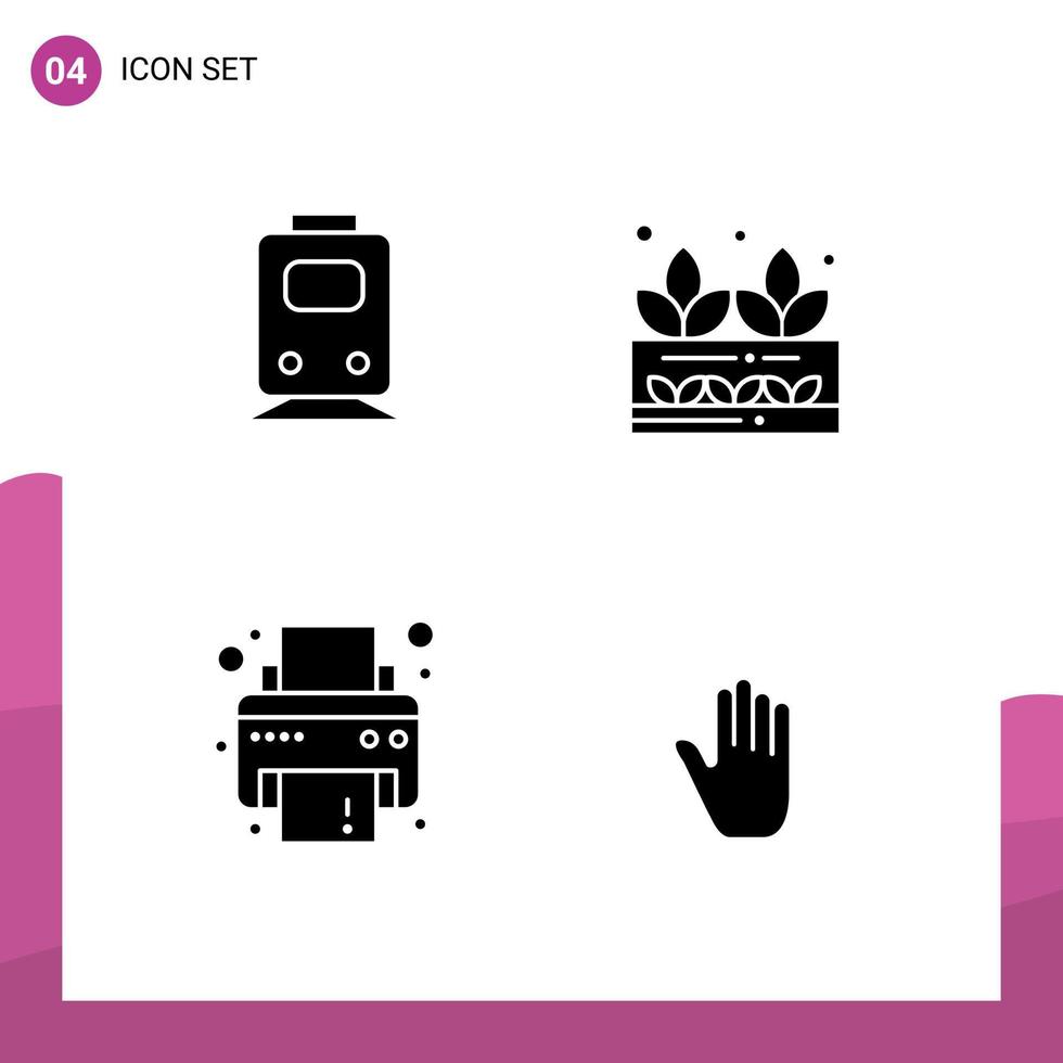 conjunto moderno de 4 glifos y símbolos sólidos, como elementos de diseño de vectores editables de impresora de cultivador de transporte de dispositivos ferroviarios