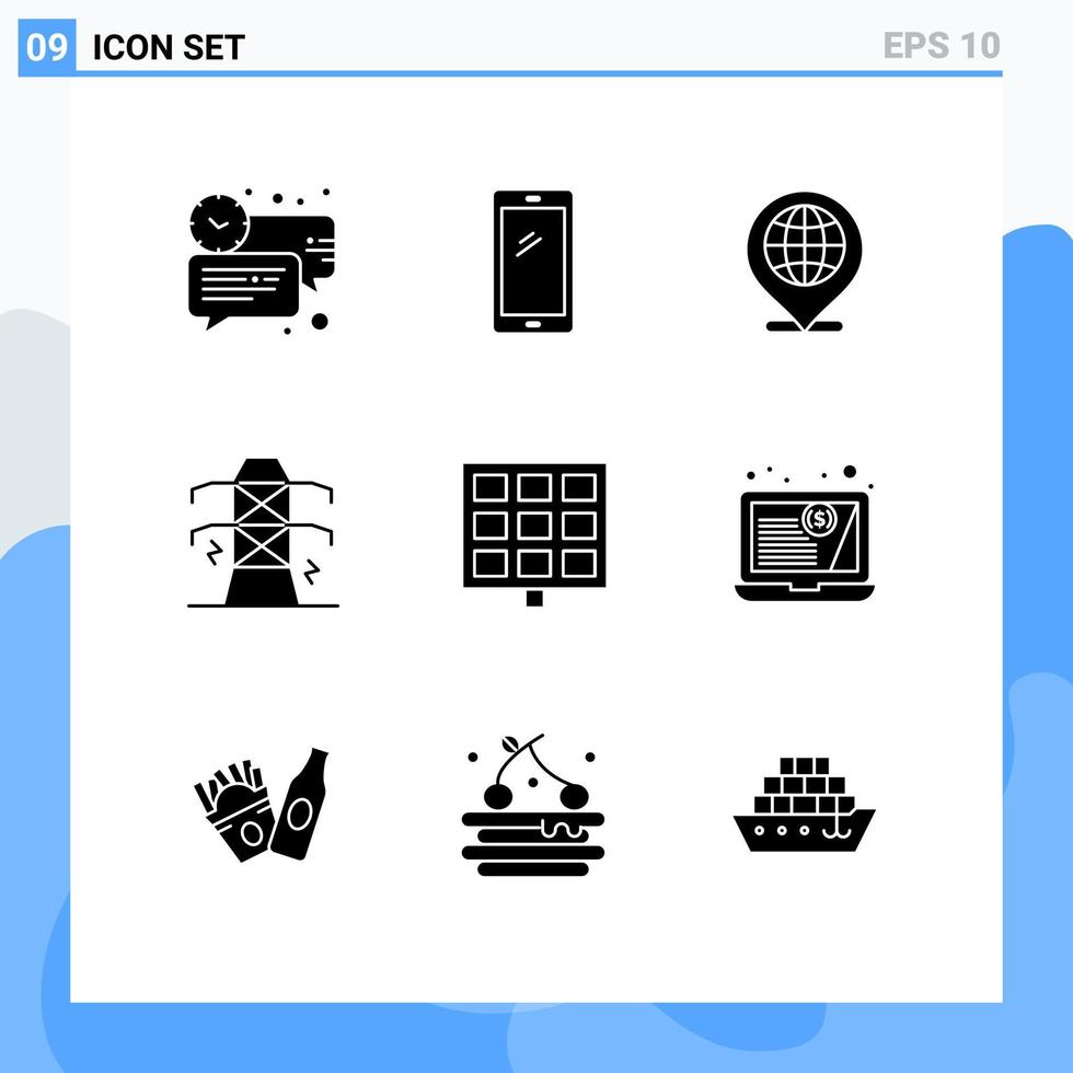 Solid Glyph Pack of 9 Universal Symbols of tower line android electricity internet Editable Vector Design Elements